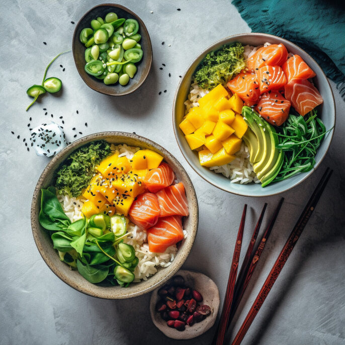 Poke hawaïen, saumon-mangue
