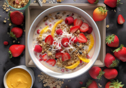 Pudding au riz au lait de coco, mangues et fraises