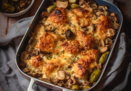 Casserole de poulet grillé, poireau et champignons