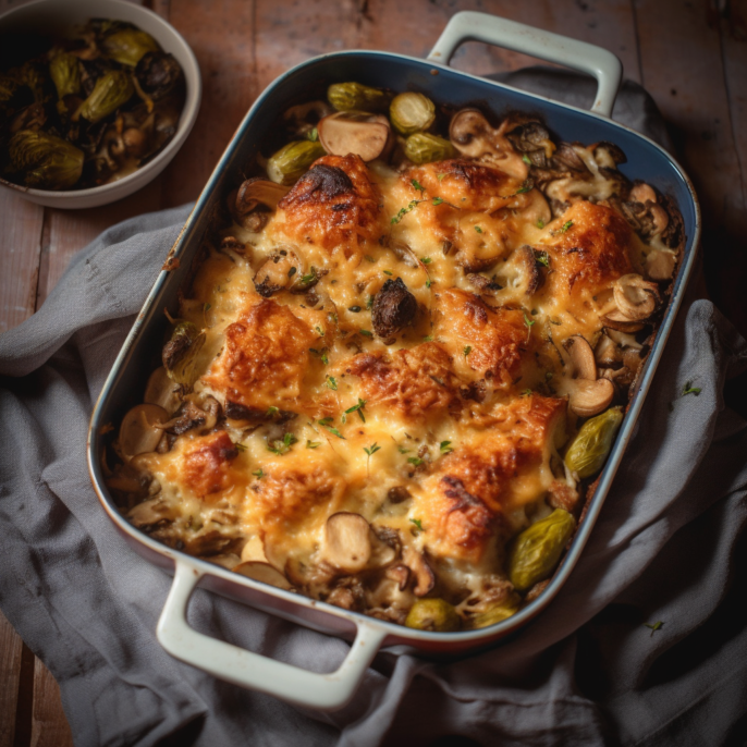 Casserole de poulet grillé, poireau et champignons