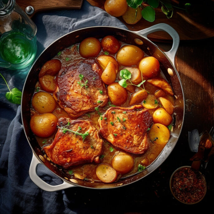 Côtelettes de porc au miel et pommes de terre fondantes