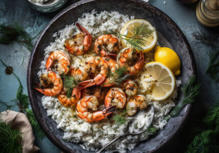 Crevettes a l'ail et citron, sauce tzaziki