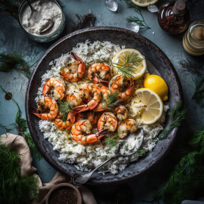 Crevettes a l'ail et citron, sauce tzaziki