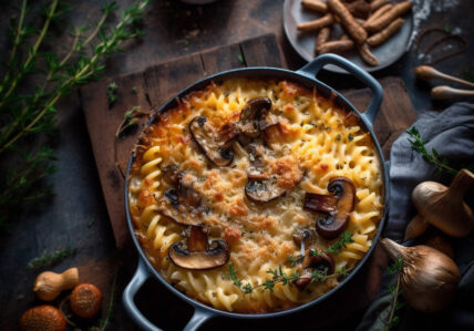 Fusilli gratinés aux champignons et cheddar
