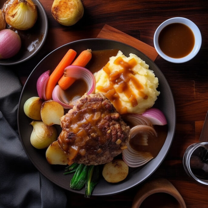 Hamburger steak et sauce lyonnaise classique