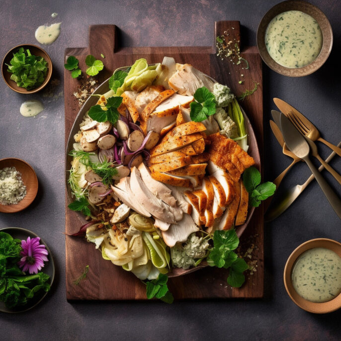 Laitues croquantes, poulet grillé et sauce césar maison