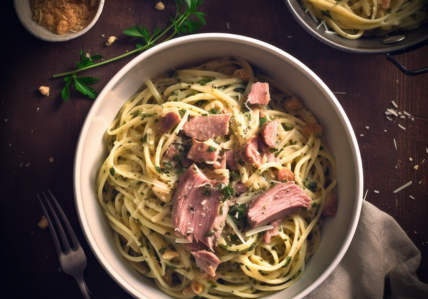 Linguine au pesto frais et jambon fumé maison