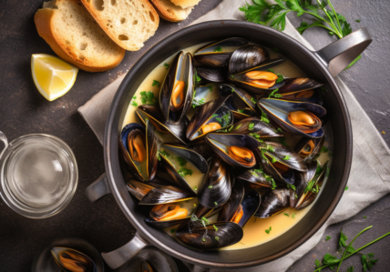 Moules en crème, vin blanc et fines-herbes