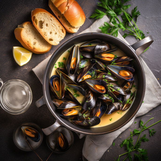 Moules en crème, vin blanc et fines-herbes