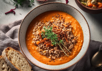 Potage jardinière aux lentilles et porc confit