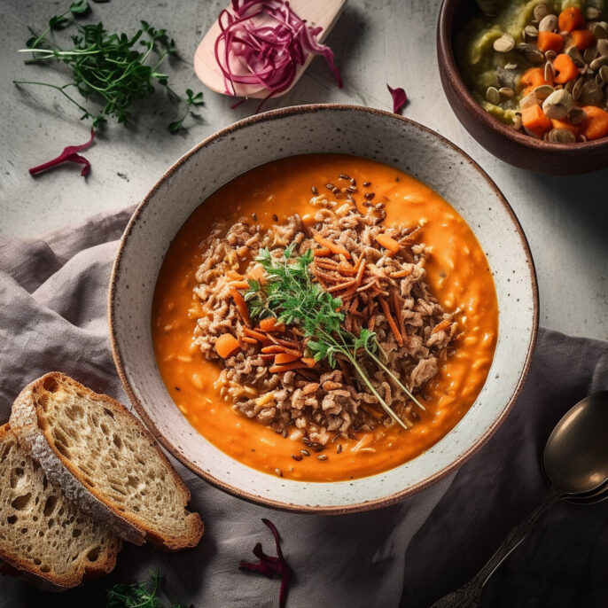 Potage jardinière aux lentilles et porc confit