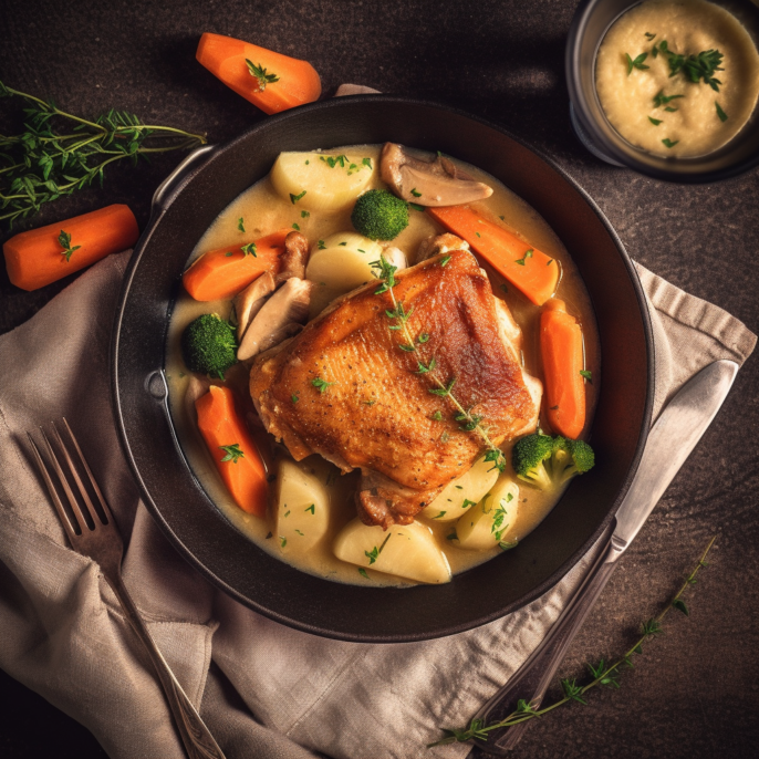 Poulet braisé et sauce suprême à la crème