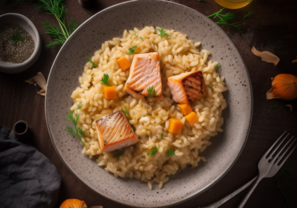 Risotto d’orzo crémeux au fenouil et saumon rôti