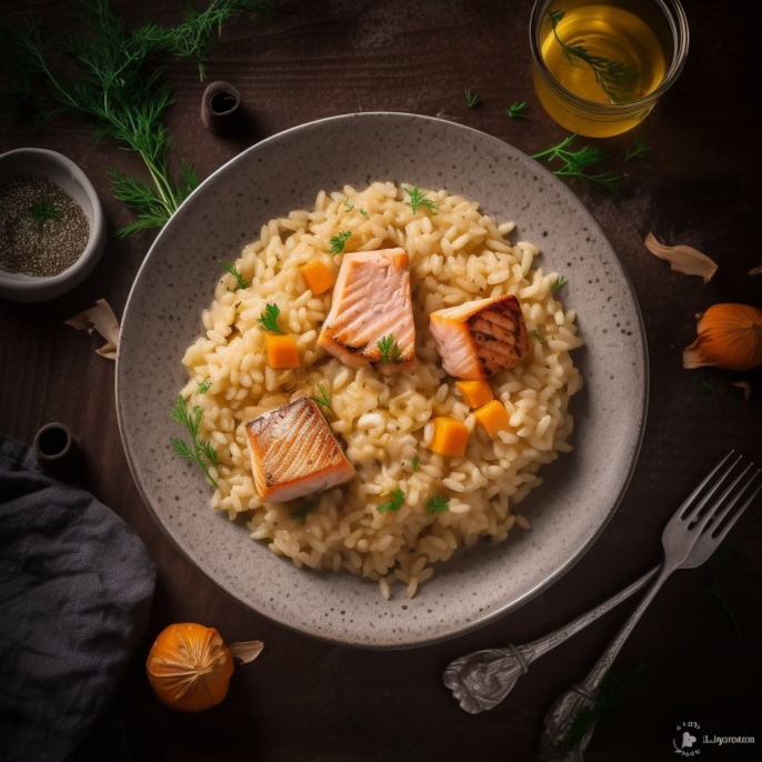 Risotto d’orzo crémeux au fenouil et saumon rôti