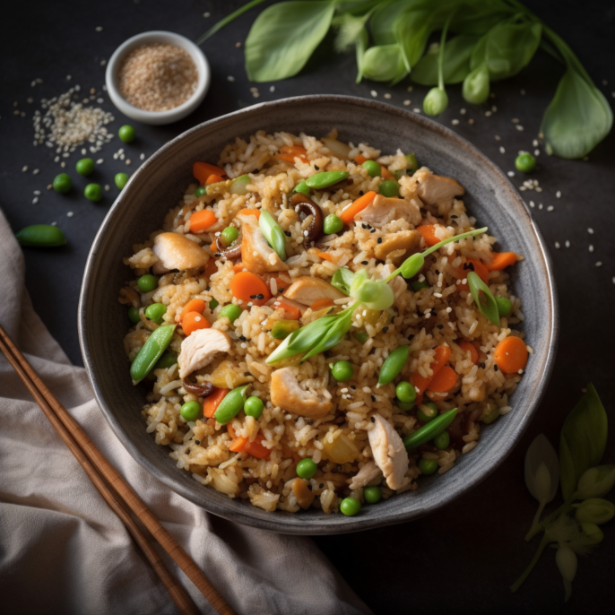 Riz frit au poulet et légumes croquants