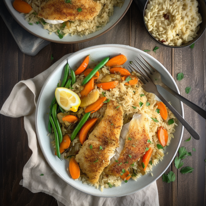 Sole rôtie en croûte de parmesan et riz aux légumes